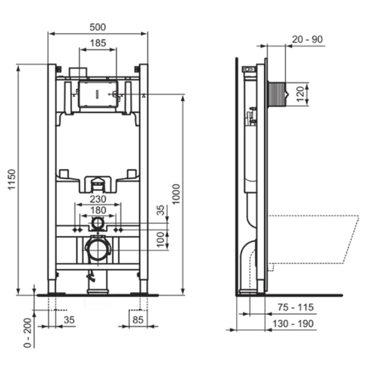 Ideal Standard Prosys Eco Frame 2 Инсталляция для подвесного унитаза, 50хh115х13 см, 6/3 л (регулировка до 4,5/3 л) с крепежом, без кнопки смыва