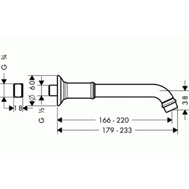 AX Montreux Излив для ванны 166-220мм, настенный, &frac34;&rsquo;или &frac12;&rsquo;, цвет: хром
