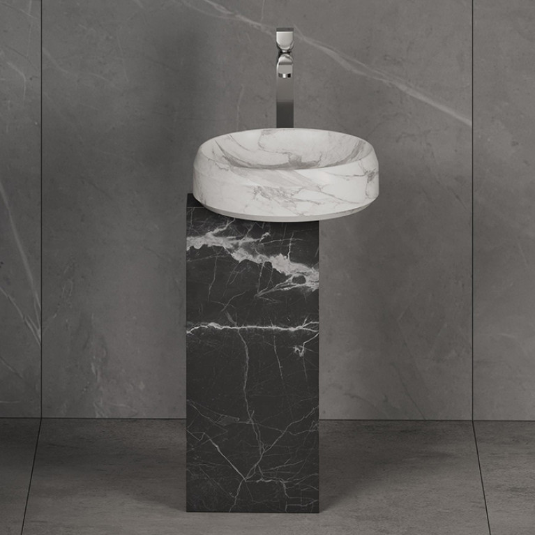 DEA DESIGN Marble Раковина Marsala из мрамора наполньная h900х465х465 мм , цвет чаша White Cararra/пьедестал Black Marquina