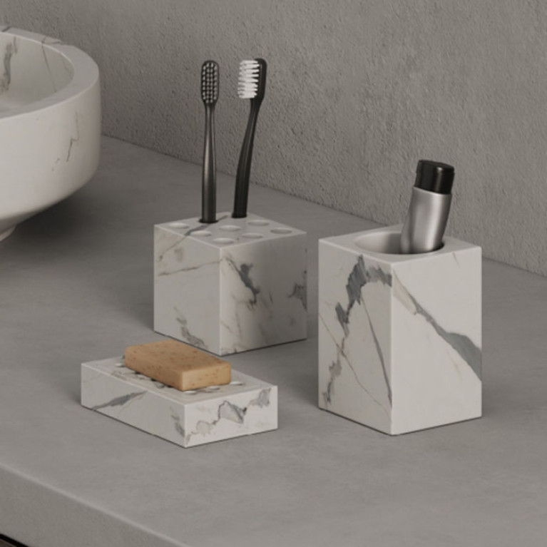 DEA DESIGN Marble Стакан из мрамора настольный с отверстиями под з/щетки h180х80х80 мм , цвет Statuario White