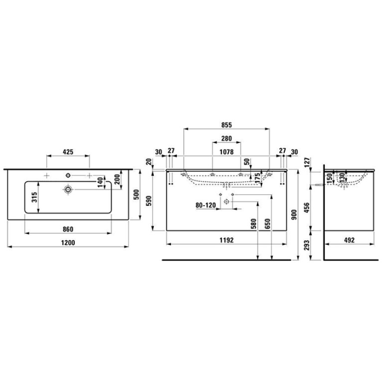 Laufen Pro S Комплект, раковина и база 1200x500x610 мм, с 2 ящиками с мех. push-and-pull, белый матовый