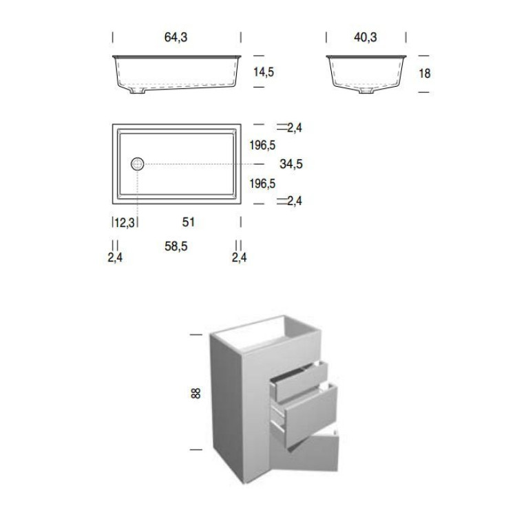 NOORTH milldue edition TOUCH Комплект мебели 640х400х880 мм., напольный, 3 ящика, слив в пол, раковина Milltek белая матовая, отделка Abete