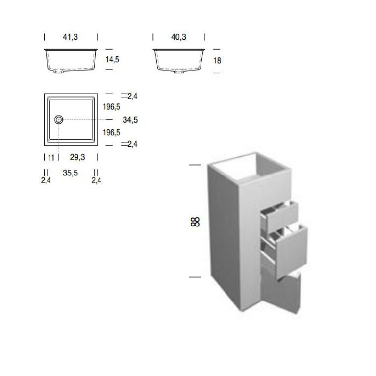 NOORTH milldue edition TOUCH Комплект мебели 410х400х880 мм., напольный, 3 ящика, слив в пол, раковина Milltek белая матовая, отделка Argilla матовый