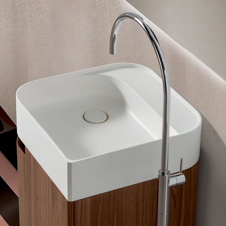 OASIS PROFILO Тумба с раковиной 450х450х885 мм, свободностоящая, 1 дверца справа, слив в стену, раковина без отв для смес белая мат, тумба шпон Walnut