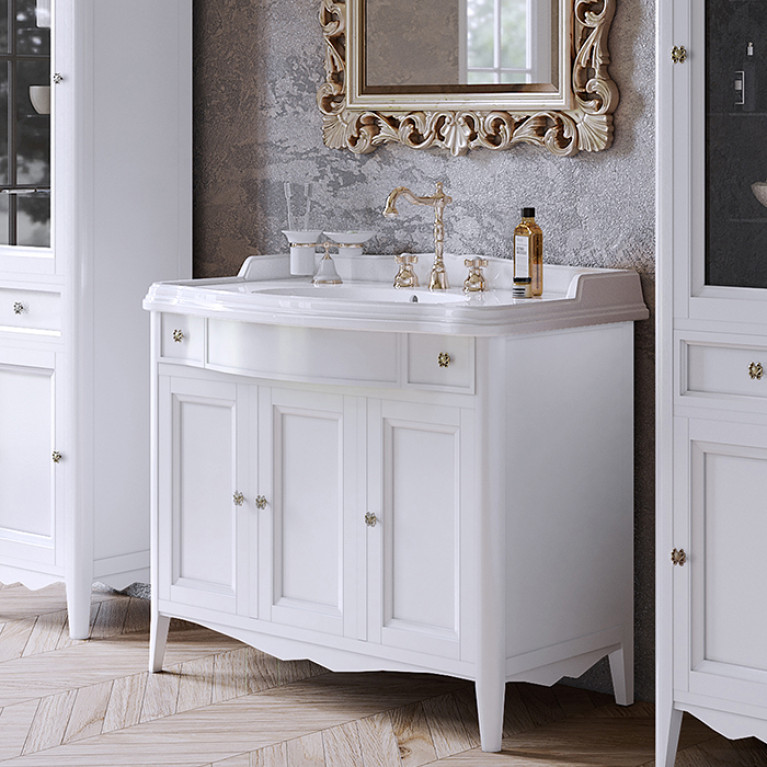 TW Veronica, База с раковиной Simas AR874bi*1 105*56см, с 1отв.,  2 верх.ящ. 3 распашные дверки, доводч. Blum, ручки: Riflesso бронза, цвет: bianco