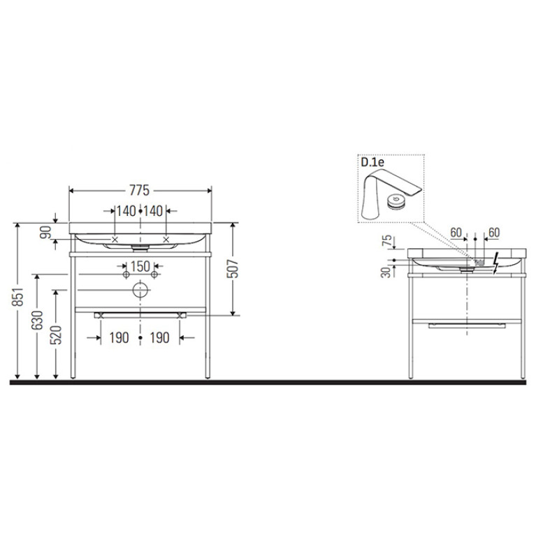 Duravit Happy D.2 Plus Консоль напольная с умывальником 775х490х850 мм, с 1 отв под смесит, 1 полка, выпуск, цвет белый глянцевый