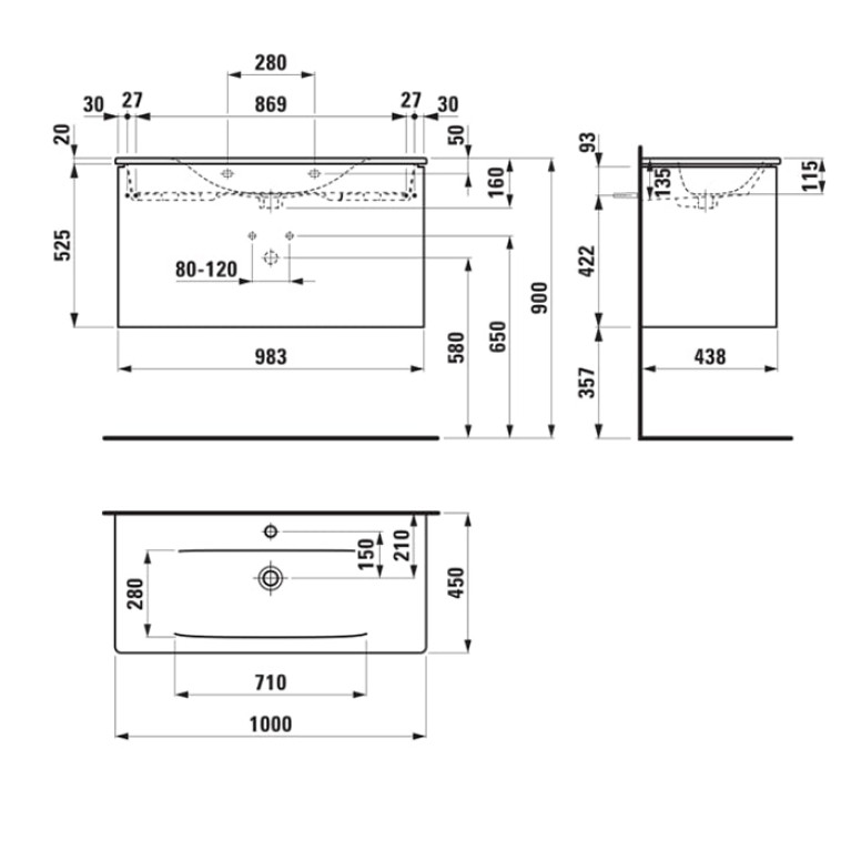 LAUFEN PALACE Комплект мебели 1000х450х545 мм., с раковиной Slim, 2 ящика, органайзер для ящика, ручка анодированный алюминий, цвет белый матовый