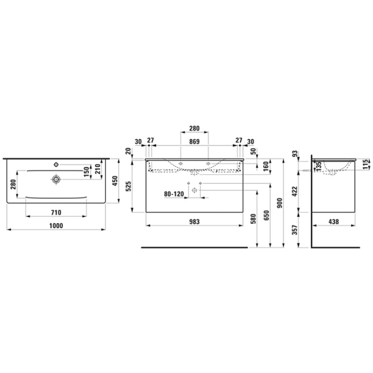 LAUFEN PALACE Комплект мебели 1000х450х545 мм., с раковиной Slim, 2 ящика, органайзер для ящика, ручка анодированный алюминий, цвет белый глянцевый