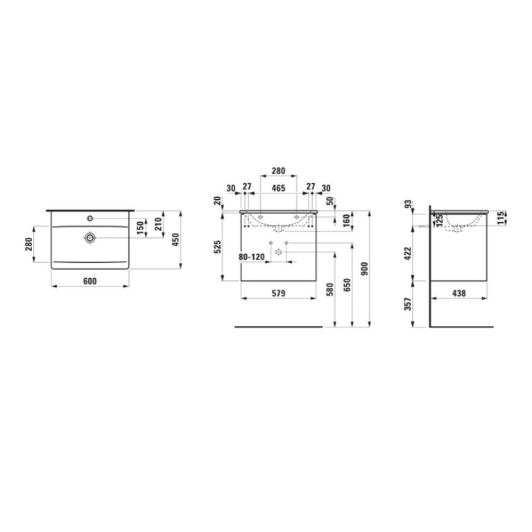 LAUFEN PALACE Комплект мебели 600х450х545 мм., с раковиной Slim, 2 ящика, органайзер для ящика, ручка анодированный алюминий, цвет интенсивный серый