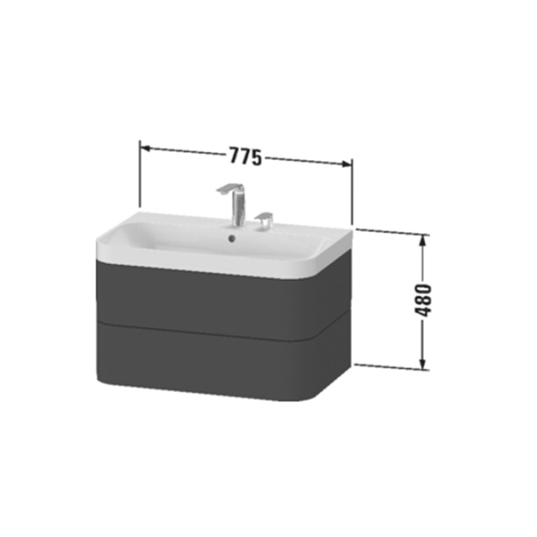 Duravit Happy D.2 Plus Тумба подвесная с умывальником 775х490х468 мм, без отв под смесит, 2 ящика, выпуск и сифон в комплекте, цвет белый глянцевый