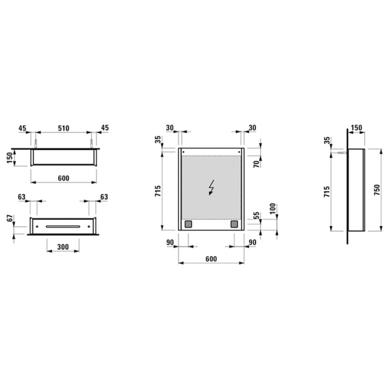 LAUFEN FRAME 25 шкаф зеркал 600x150x750 мм,  1 дв. с зерк с 2 сторон, петли справа, сенс. выкл., 2 розетки, 2 верт. эл., LED-подсветки (Цена со скл!)