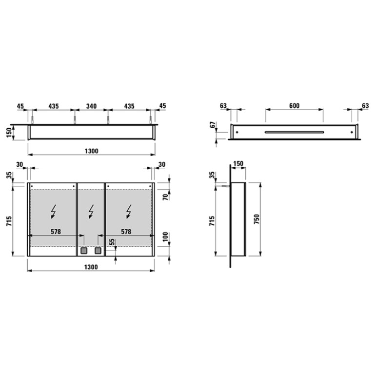 LAUFEN Frame 25 Шкаф зеркальный 1300x150x750 мм, 3 дверки с зеркалом с 2 сторон, 2 розетки, 4 эл  LED подсв.,регулир яркость, без освещения вниз