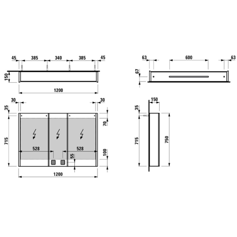 LAUFEN Frame 25 Шкаф зеркал 1200x150x750мм, 3 дверки/зеркало с 2 сторон, 2 розетки, 4 эл  LED подсв.,регул яркость, без освещения внизу