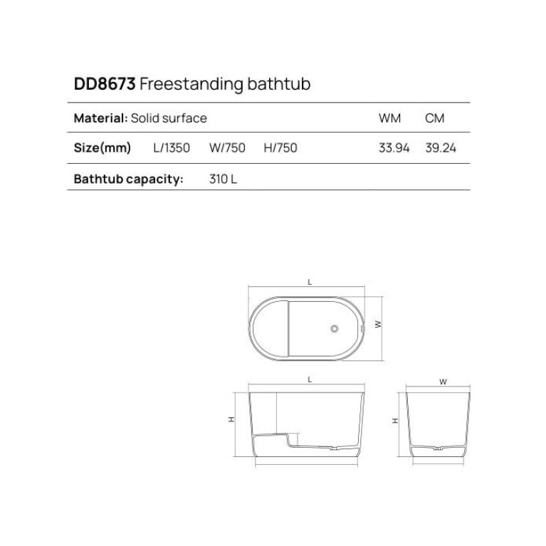 DEA DESIGN Single Ванна отдельностоящая 135x75xh75 см, материал: Solid Surface искуственный камень, цвет: Black №16