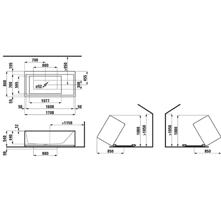 Laufen Kartell Ванна 1700x860x440мм, свободностоящая, с слив-переливом с подсветкой,  сист. подъема, материал: композит, цвет: белый