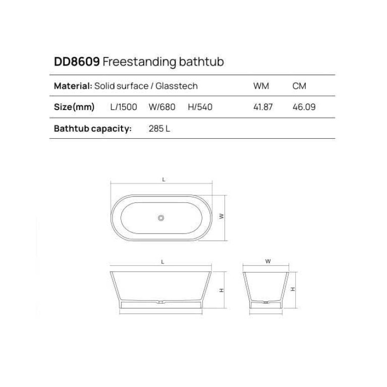 DEA DESIGN Shadow Ванна отдельностоящая 150x68xh54 см, материал: Solid Surface искуственный камень, цвет: Black №16
