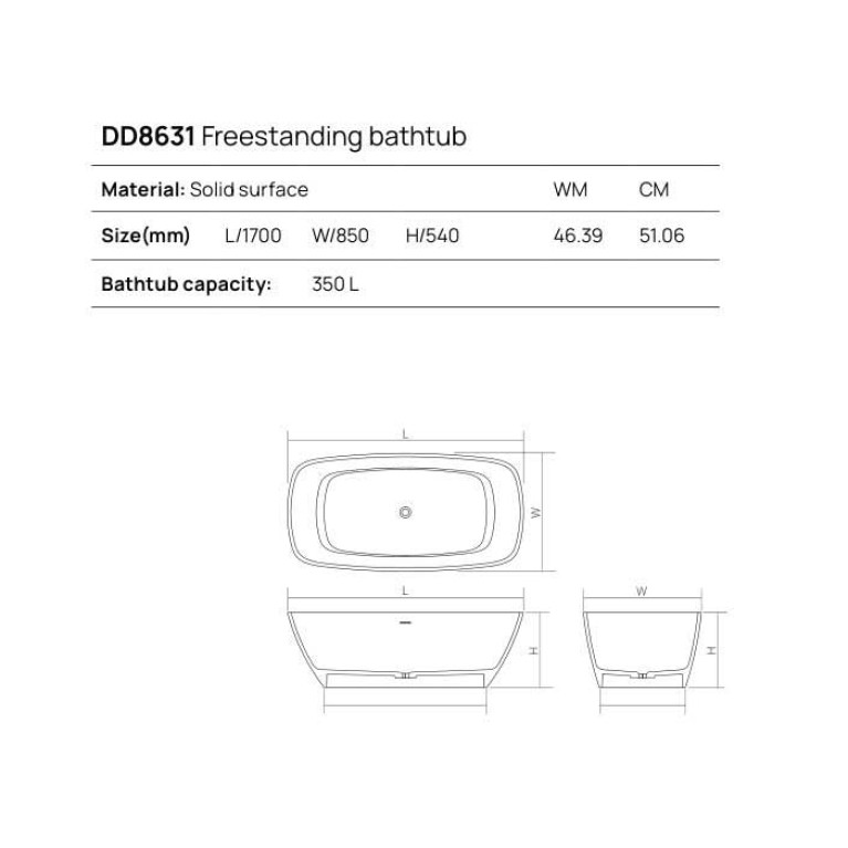 DEA DESIGN Modern Ванна отдельностоящая 170x85xh54 см, материал: Solid Surface искуственный камень, цвет: Black №16