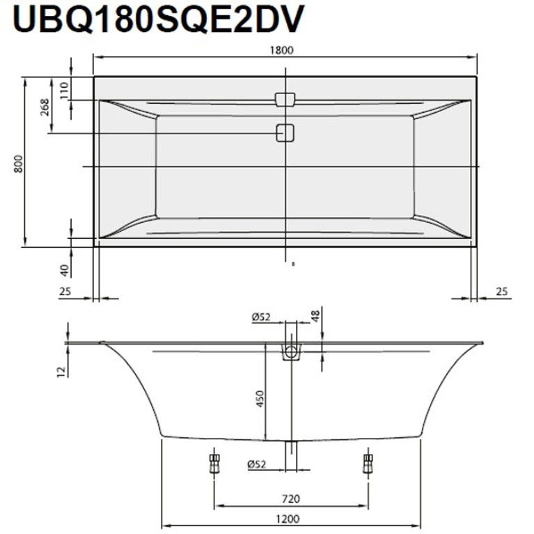 VilleroyBoch Squaro edge 12 Ванна прямоугольная 1800*800*450, к-т ножек, слив-перелив цвет  хром и белый, ванна цвет белый