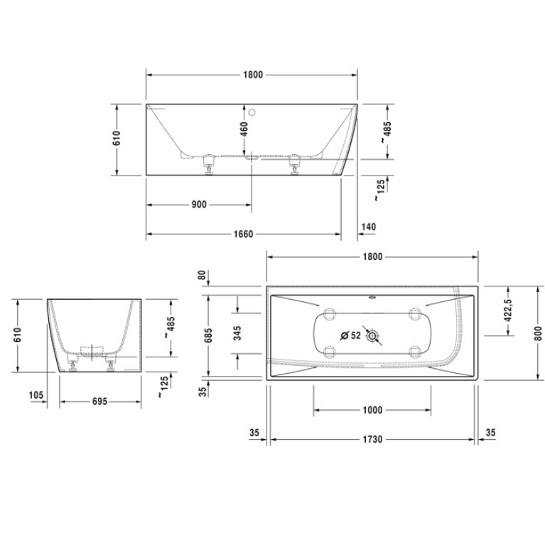 Duravit Vitrium Ванна 1800x800мм,  угол левый, с панелью и ножками.с 2 наклонами для спины, цвет белый