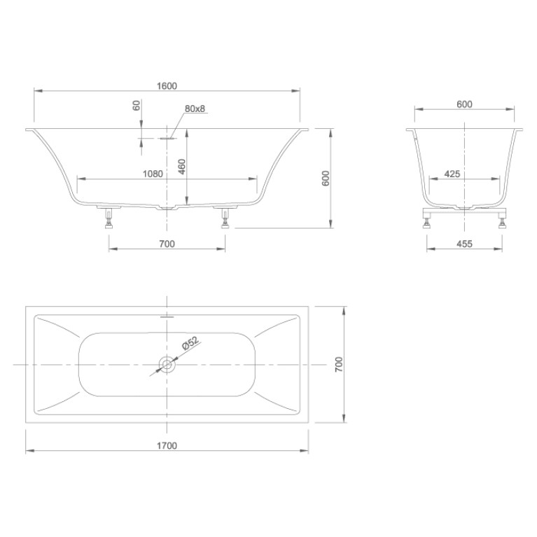 KNIEF Shape Selected Ванна встраиваемая, 170x70xH60cм, с щелевым переливом click-clack, белая матовая (с комплектом ножек) (СПЕЦЦЕНА с нашего склада!)