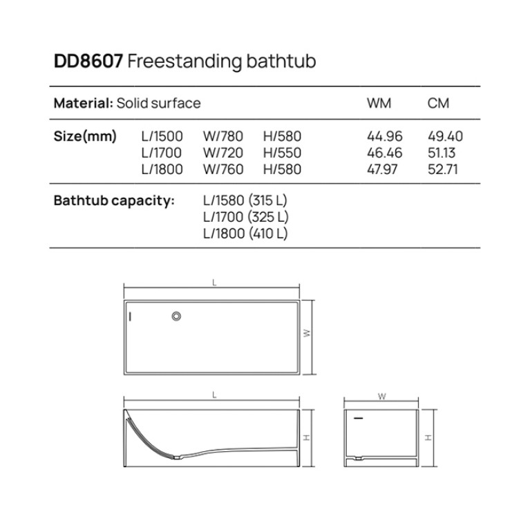 DEA DESIGN Modern Ванна отдельностоящая 170x72xh55 см, материал: Solid Surface искуственный камень, цвет: Black №16