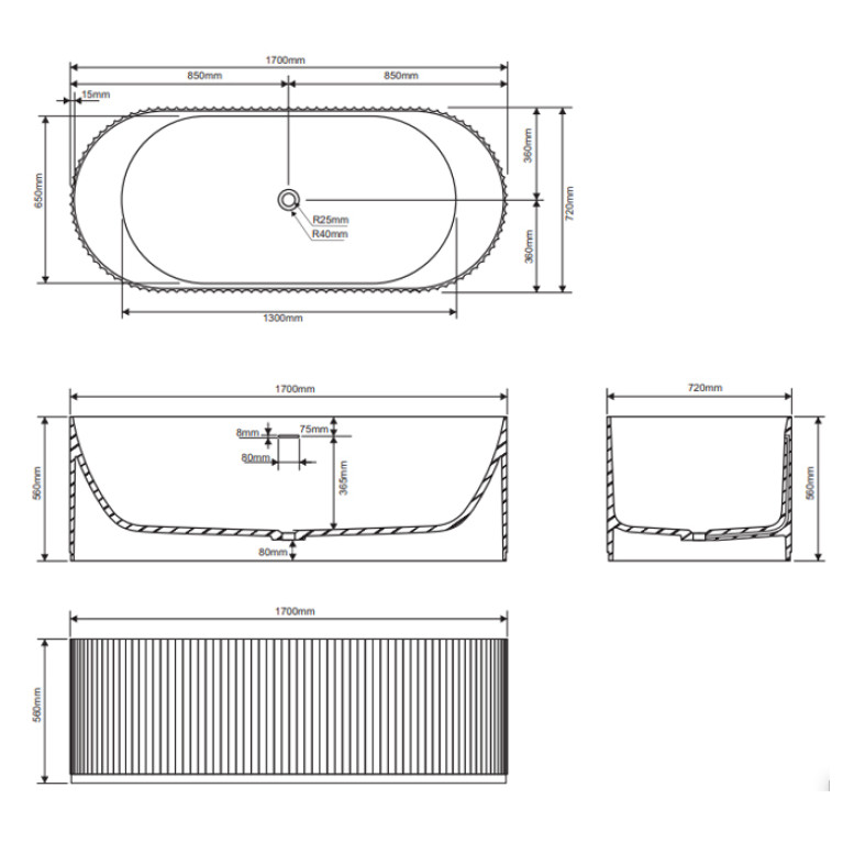 DEA DESIGN Stripes Ванна отдельностоящая 170x72xh56 см, материал: Solid Surface искуственный камень, цвет: Grey №3