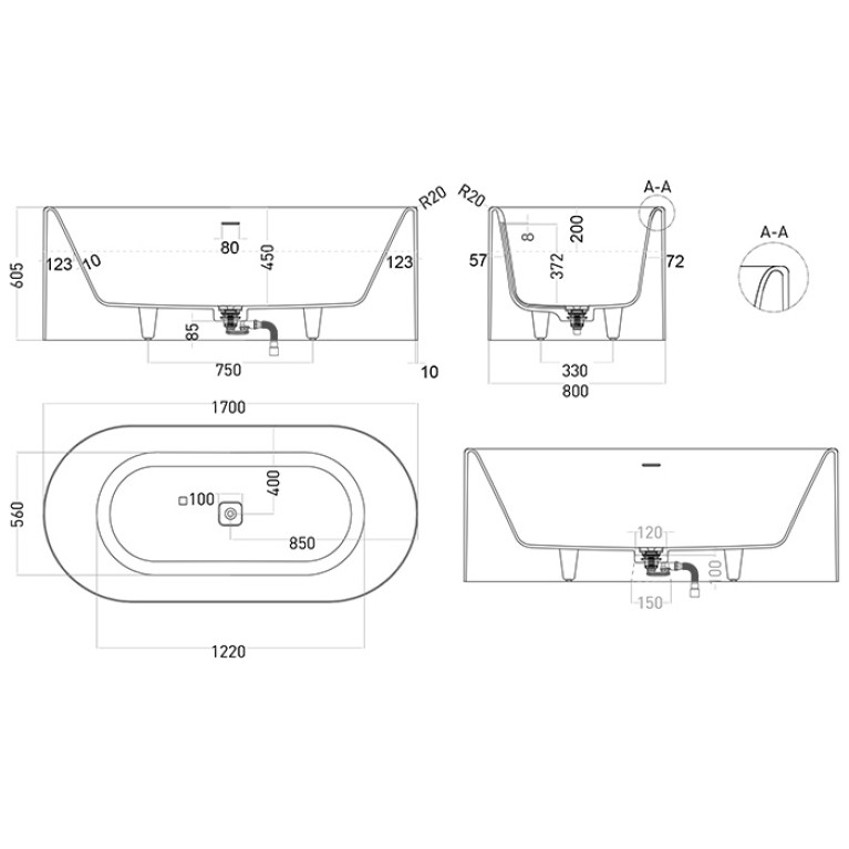Salini Perla Plus Ванна  170x80x60.5 см в отдельностоящая, интегрир. слив-перелив, донный клапан, сифон, ножки , S-Stone матовый, цвет белый