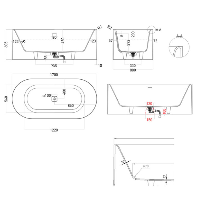 Salini Perla Ванна S-Stone 170x80 , цвет белый матовый