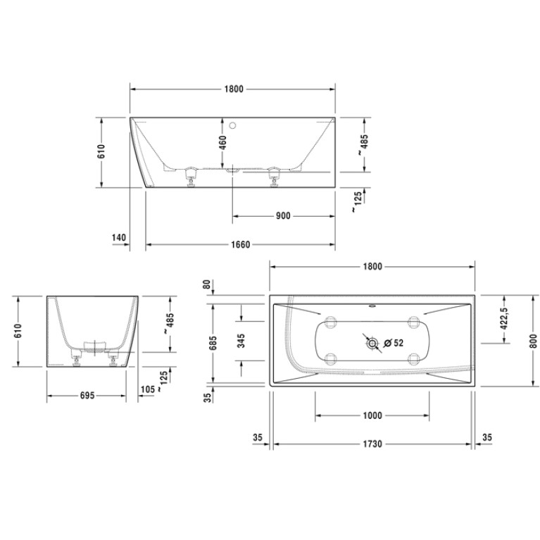 Duravit Vitrium Ванна прямоугольная  правый угол  1800x800мм, с ножками, с2 наклонами для спины, цвет синий матовый
