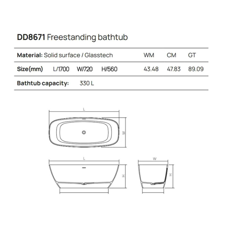 DEA DESIGN Edge Ванна отдельностоящая 170x72xh56 см, материал: Solid Surface искуственный камень, цвет: Black №16