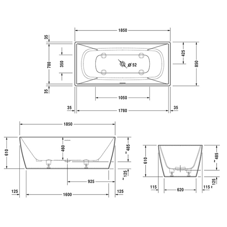 Duravit Vitrium Ванна прямоугольная  отдельностоящая 1850x850мм, с ножками, с2 наклонами для спины, цвет светло-серый матовый