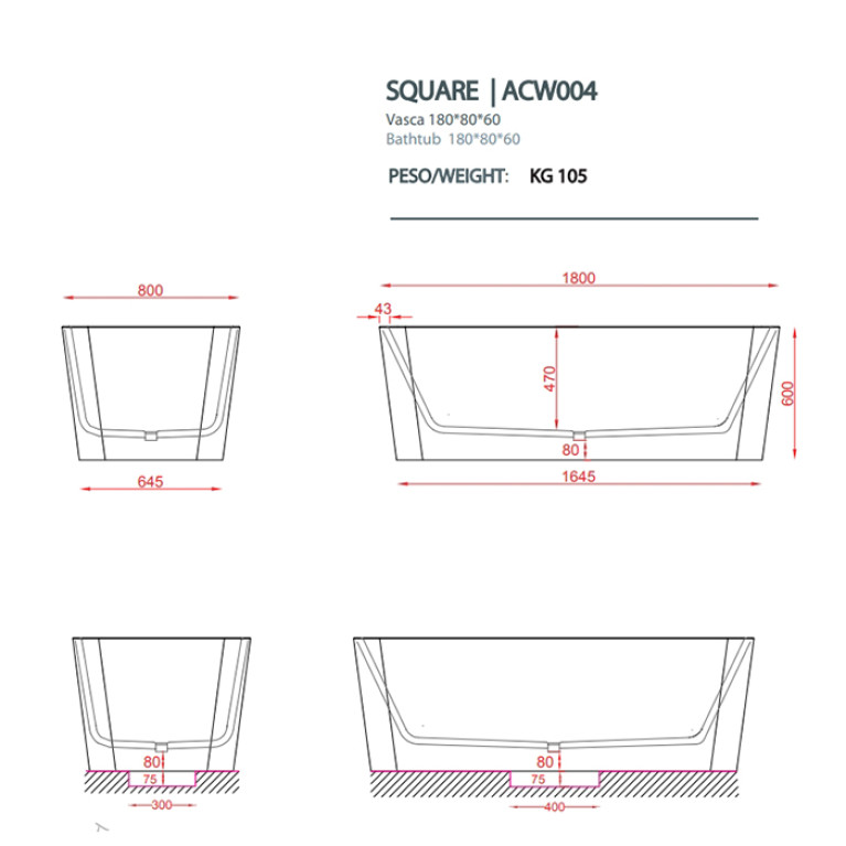 Artceram SQUARE  Ванна отдельностоящая из сственного камня Livingtec 1180х80х60 см. со слив-переливом,цвет белый глянцевый