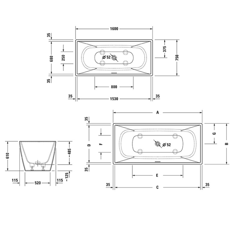 Duravit Vitrium Ванна прямоугольная  отдельностоящая 1600x750мм, с ножками, с2 наклонами для спины, цвет темно-серый матовый