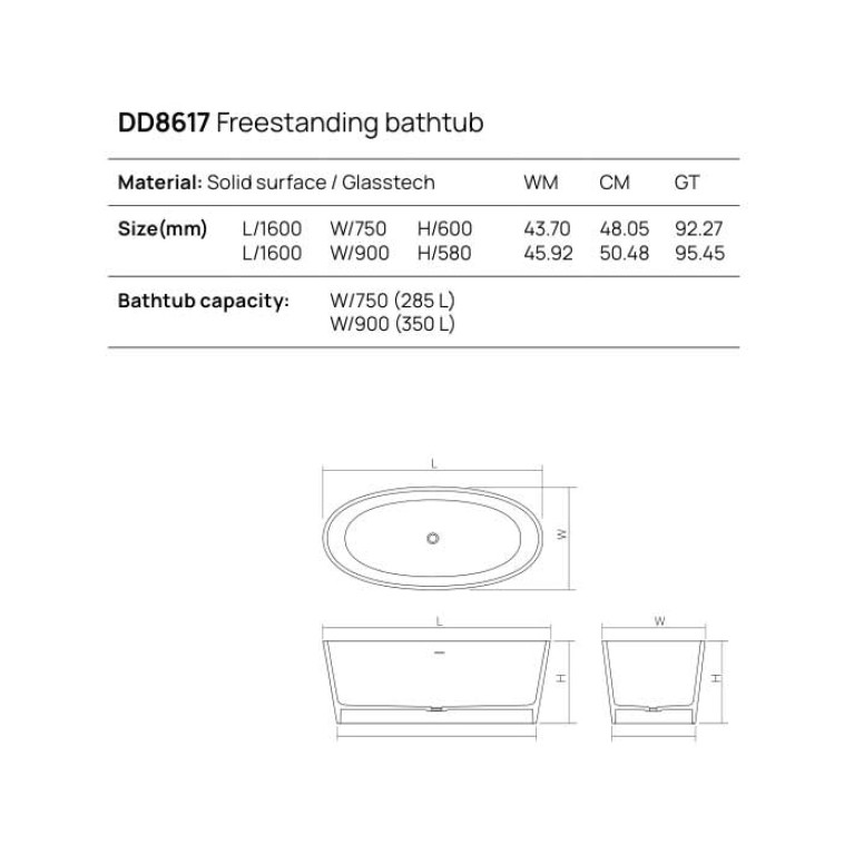 DEA DESIGN Nature Ванна отдельностоящая 160x75xh60 см, материал: Solid Surface искуственный камень, цвет: White №18
