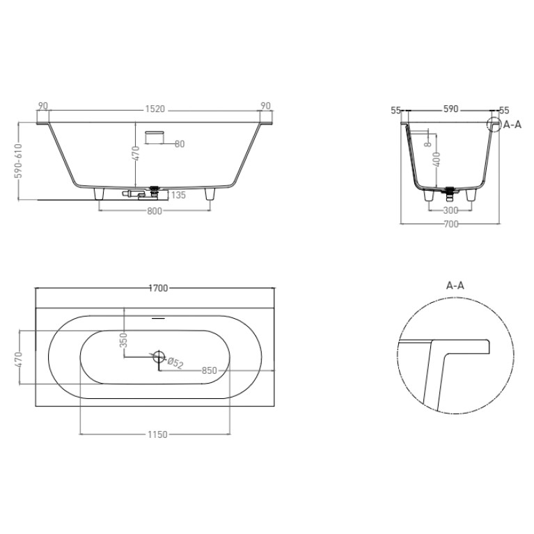 Salini Ванна S-Sense ORNELLA AXIS KIT 170x70, цвет белый матовый