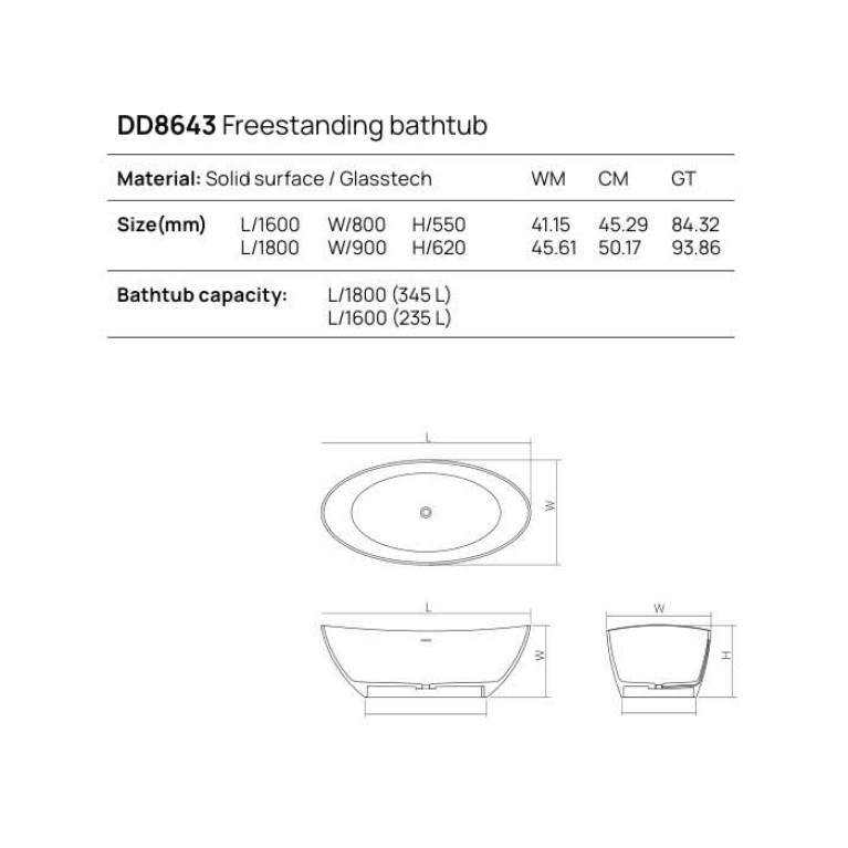 DEA DESIGN Elegant Ванна отдельностоящая 180x90xh62 cm, материал: Solid Surface искуственный камень, цвет: White №18