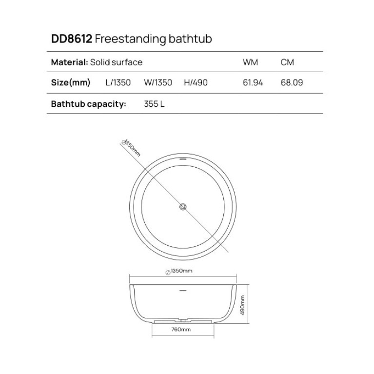 DEA DESIGN Round Ванна отдельностоящая 135x135xh49 см, материал: Solid Surface искуственный камень, цвет: Black №16