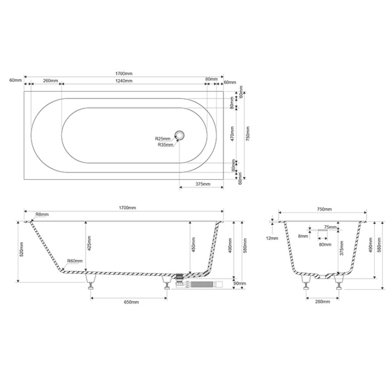 DEA DESIGN Ease Ванна 1700х750хh580 мм встраиваемая,в комплекте ножки, интегр.слив/перелив в цвет ванны  цвет белый (цена по АКЦИИ)