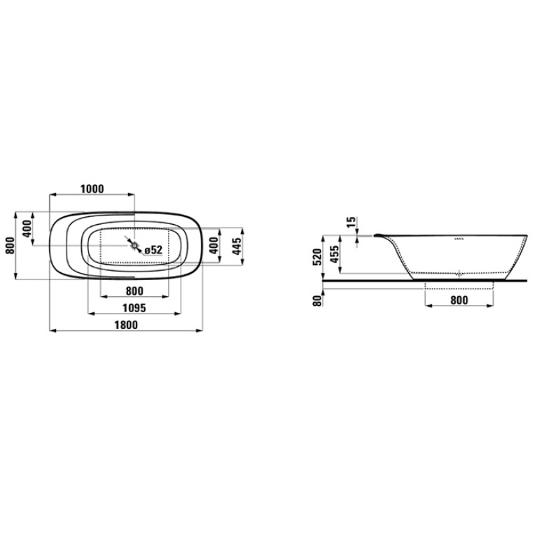 Laufen INO Ванна 1800x800x520мм, свободностоящая, с слив-переливом,  материал: композит Sentec, цвет: белый (СПЕЦЕНА с нашего склада!)