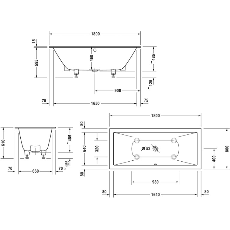Duravit Vitrium Ванна прямоугольная  встраиваемая 1800x800мм, с ножками, с2 наклонами для спины, цвет матовая корица