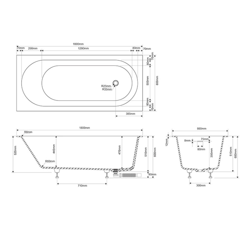 DEA DESIGN Ease Ванна 1800х800хh580 мм встраиваемая, в комплекте ножки, интегр.слив/перелив в цвет ванны цвет белый (цена по АКЦИИ)