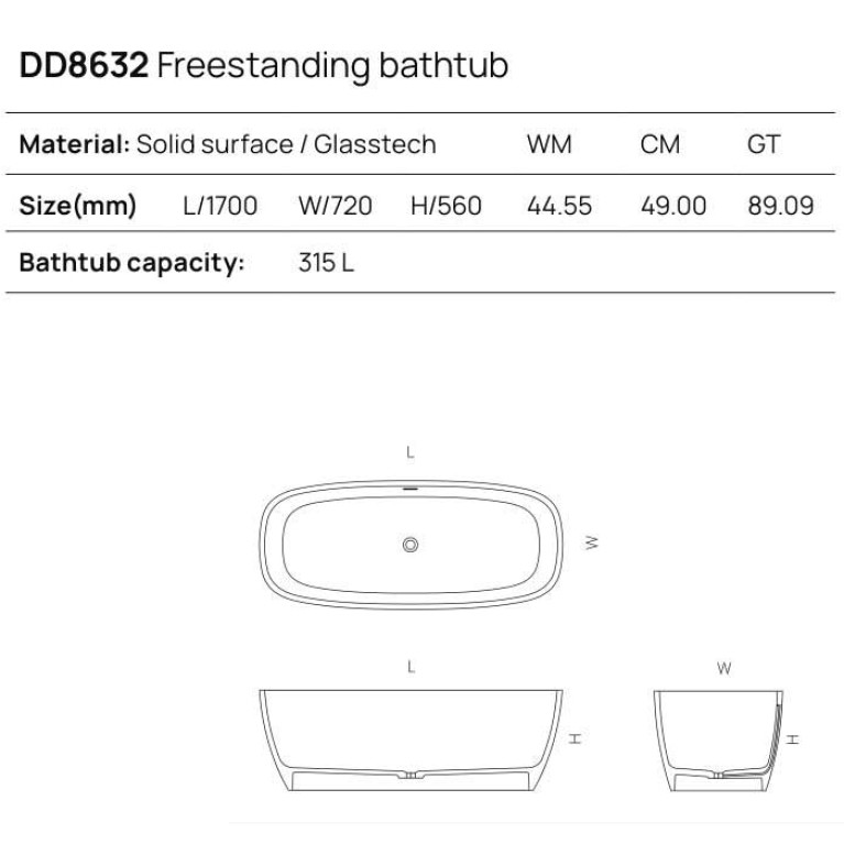 DEA DESIGN Soul Ванна отдельностоящая 170x72xh56 см, материал: Solid Surface искуственный камень, цвет: White №18