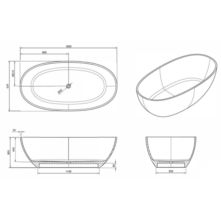 Knief Oval Shape Ванна отдельностоящая из полимерного материала 180х93x56 см, цвет Jaspis # 070