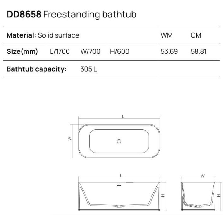 DEA DESIGN Soul Ванна отдельностоящая 170x70xh60 см, материал: Solid Surface искуственный камень, цвет: White №18