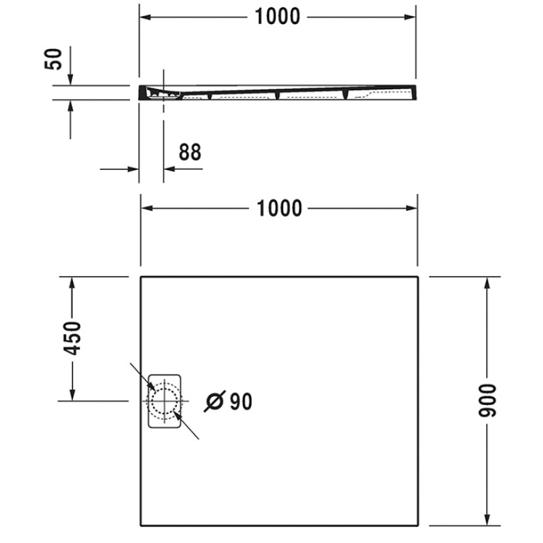 DURAVIT STONETTO Поддон для душа прямоугольный 1000х900х50 мм., DuraSolid&reg; Q, цвет белый
