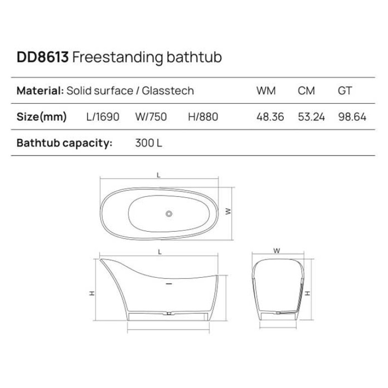 DEA DESIGN Elegant Ванна отдельностоящая 169x75xh88 см, материал: Solid Surface искуственный камень, цвет: Black №16