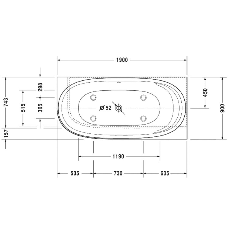 Duravit Cape Cod Ванна угол справа 1900x900mm с бесшовной панелью и ножками, с одним наклоном для спины, цвет белый