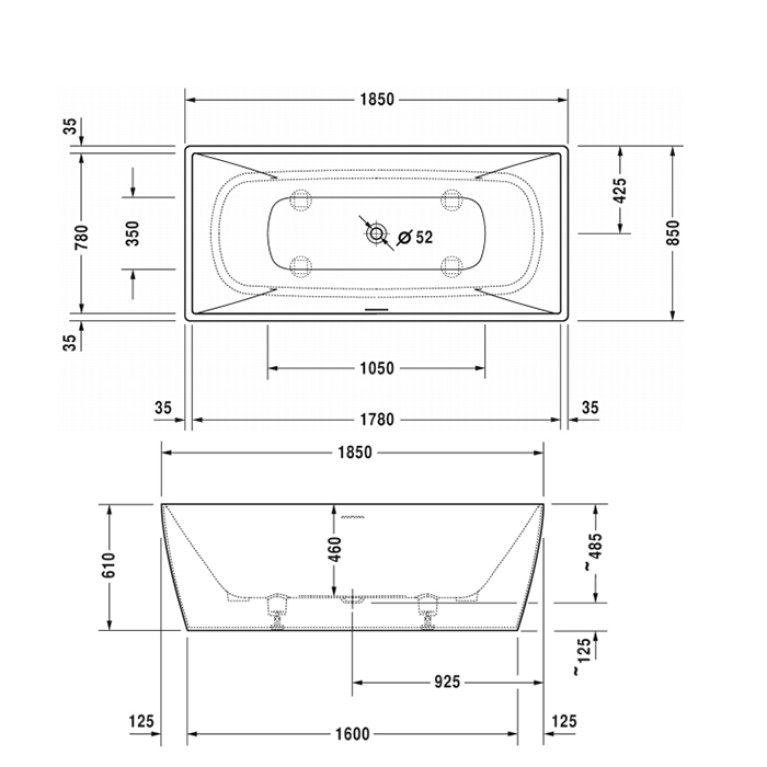 Duravit Vitrium Ванна 1850x850мм,, отдельностоящая с панелью и ножками, со спец слив-переливом, Цвет белый