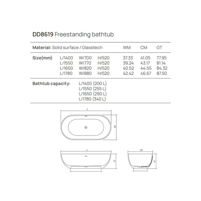 DEA DESIGN Shadow Ванна 1780х880хh520 мм отдельностоящая, цвет белый
