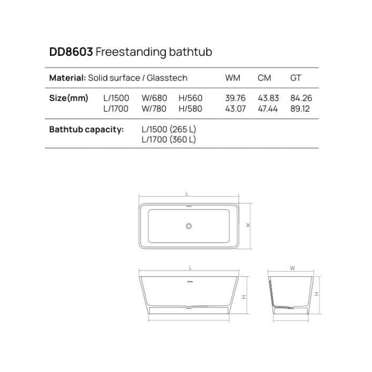 DEA DESIGN Modern Ванна отдельностоящая 170x78xh58 см, материал: Solid Surface искуственный камень, цвет: White №18